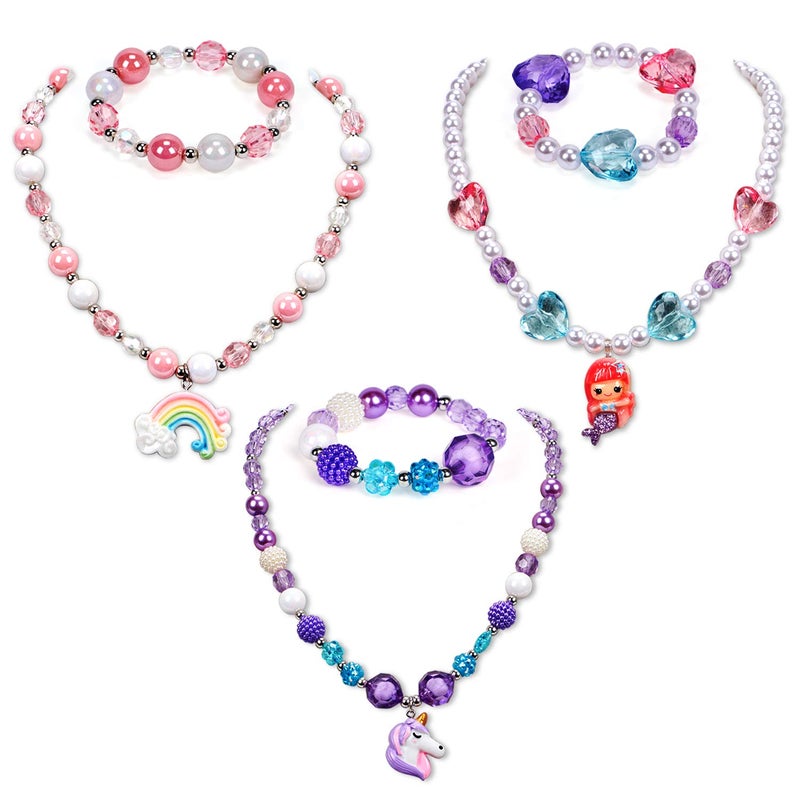 G.C 3 Sets Girl Princess Necklace Bracelet with Colorful Unicorn Mermaid Rainbow Pendant Kids Stretchy Chunky Costume Jewelry Gift Party Favors Dress up Jewelry for Little Girl Toddler(with Gift Box) (A) - Image 1